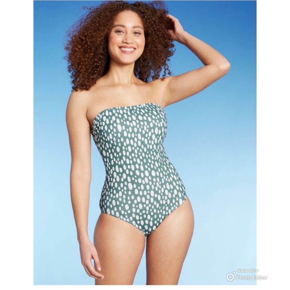Kona Sol Green Dot Straight-Neck One-Piece Swimsuit Size Small NWT *FLAWED
